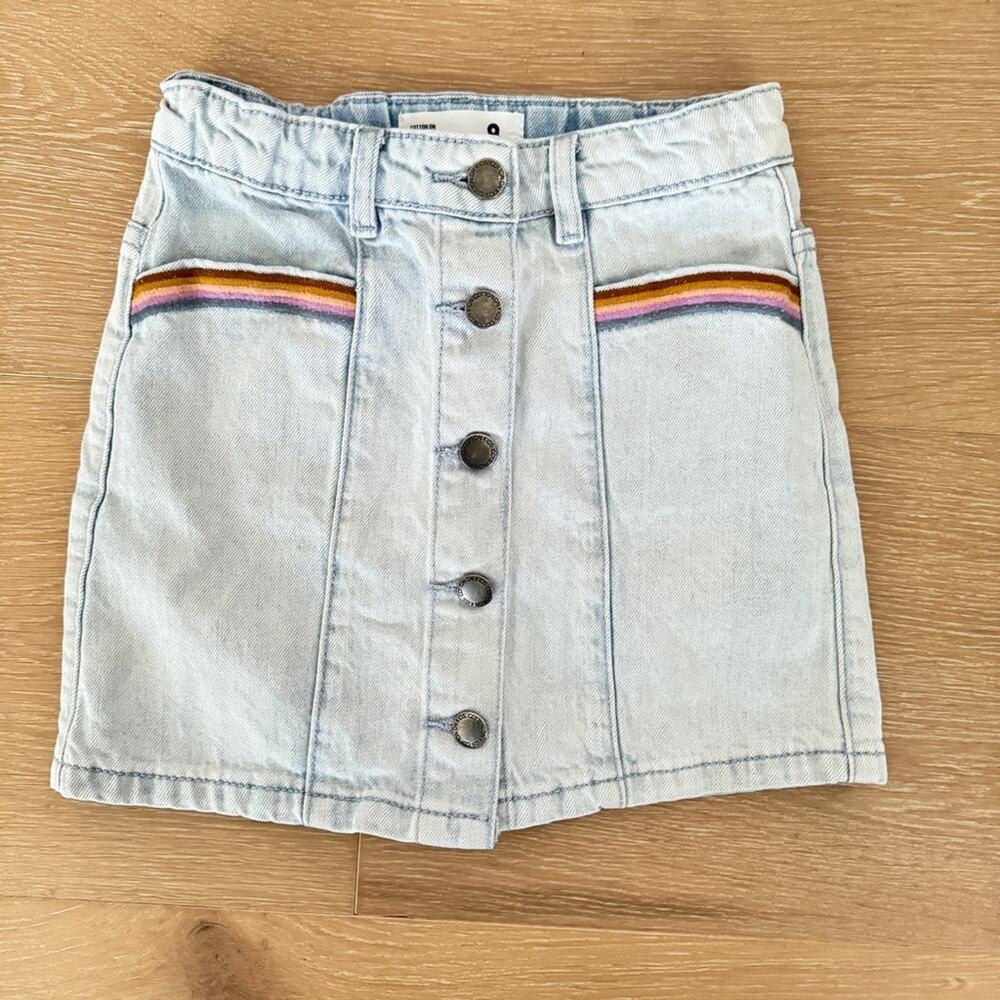 Cotton On Kids Denim Button Front Skirt with Rainbow Embroidered Pockets size 8